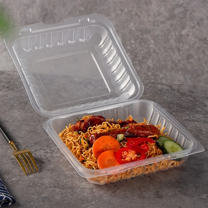 Plast PP Clear Clamshell Takeaway-bokse 8"x8" 1 rum gennemsigtigt hængslet låg To Go Food Takeaway-beholdere