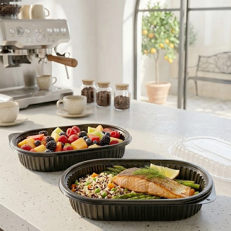 The combination of a black or white PP base and a crystal-clear lid creates a premium retail appearance that helps showcase food quality while protecting freshness during transport. Its deeper structure makes it particularly suitable for prepared foods with larger portions, helping food operators deliver attractive meals that arrive looking as good as they did when packed. The combination of a black or white PP base and a crystal-clear lid creates a premium retail appearance that helps showcase food quality while protecting freshness during transport. Its deeper structure makes it particularly suitable for prepared foods with larger portions, helping food operators deliver attractive meals that arrive looking as good as they did when packed.